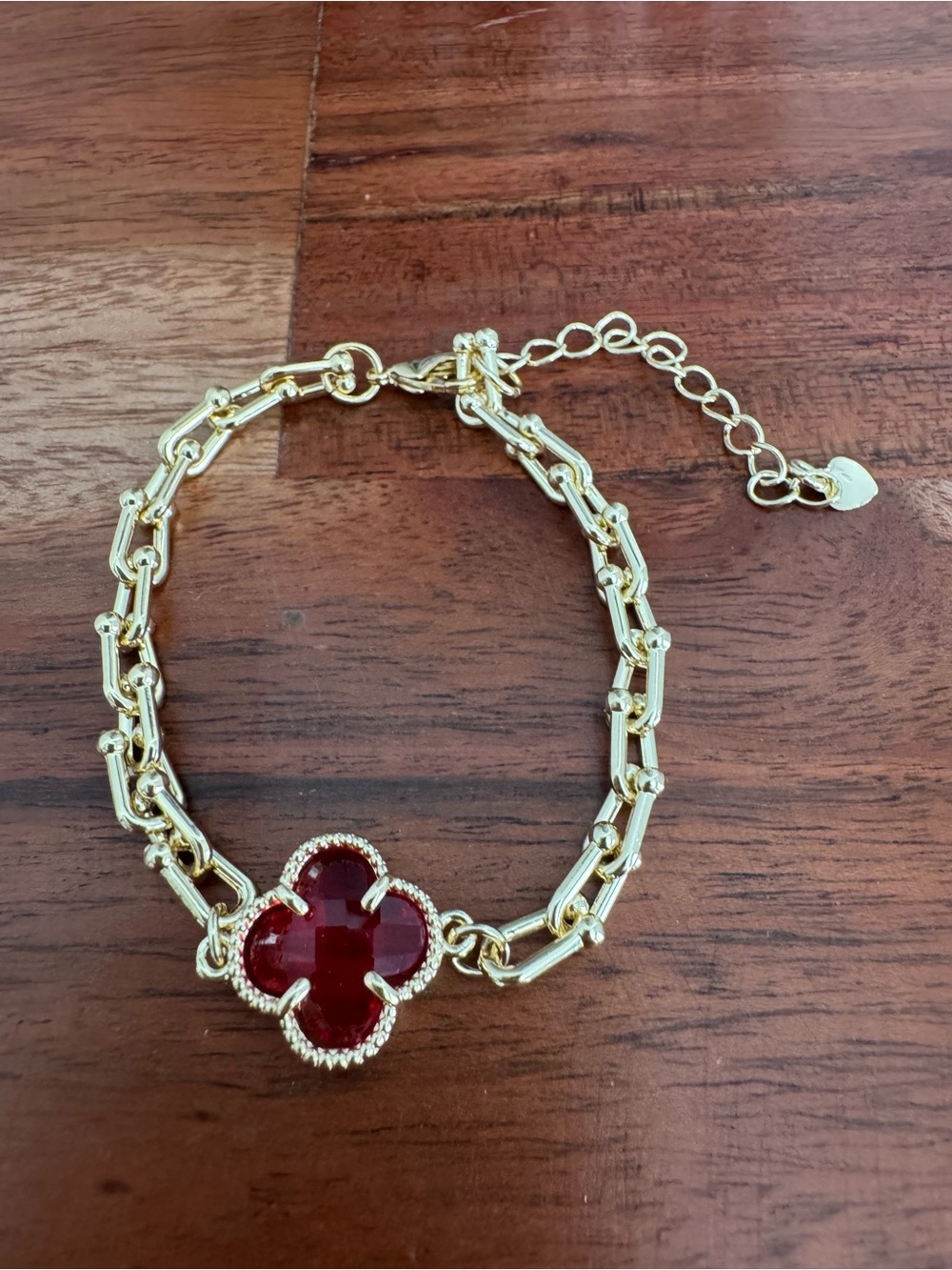 Gold Chain Bracelet with Red Clover Pendant NWOT